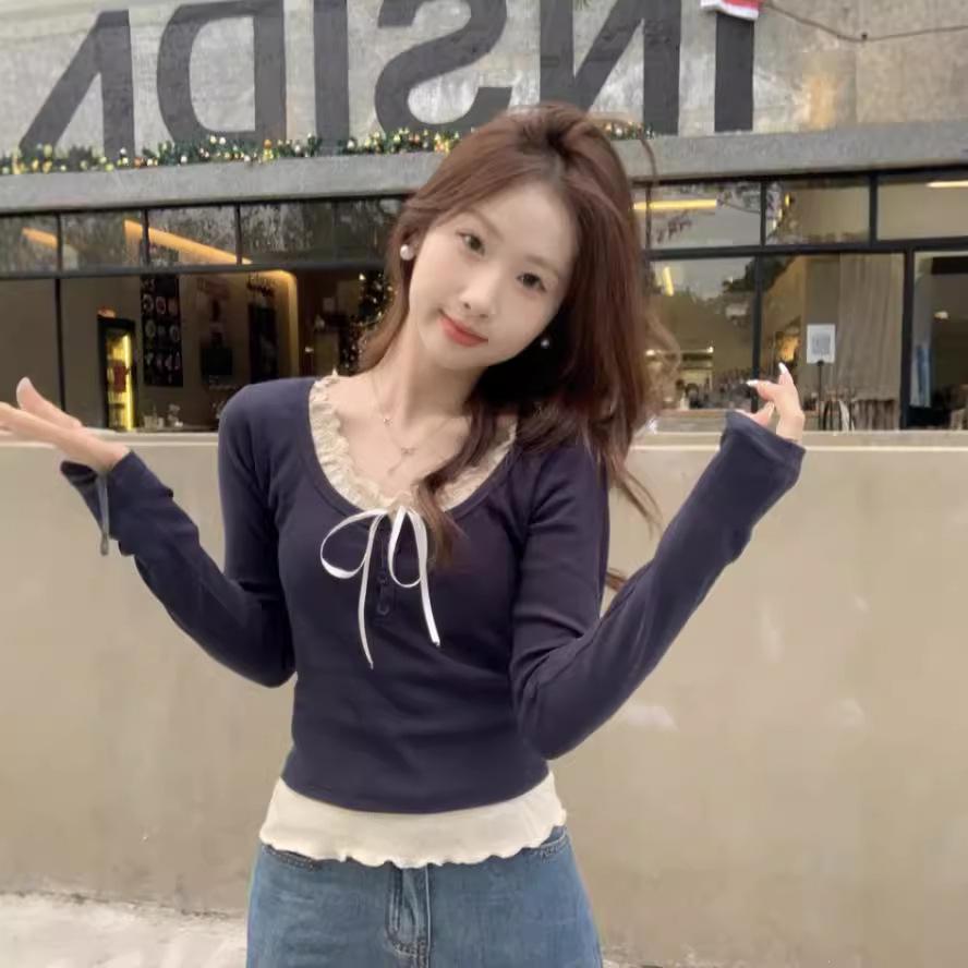 Podzim 2024 Dámské přiléhavé dvoudílné tričko s dlouhým rukávem, elegantní vrstvený vzhled