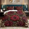 Zestaw 3-częściowy Czerwona Róża Wzór Lamparta Zestaw Kołdry na Walentynki, Zawierający 1 Poszewkę na Kołdrę i 2 Poszewki na Poduszki (z wyłączeniem wyściółki)