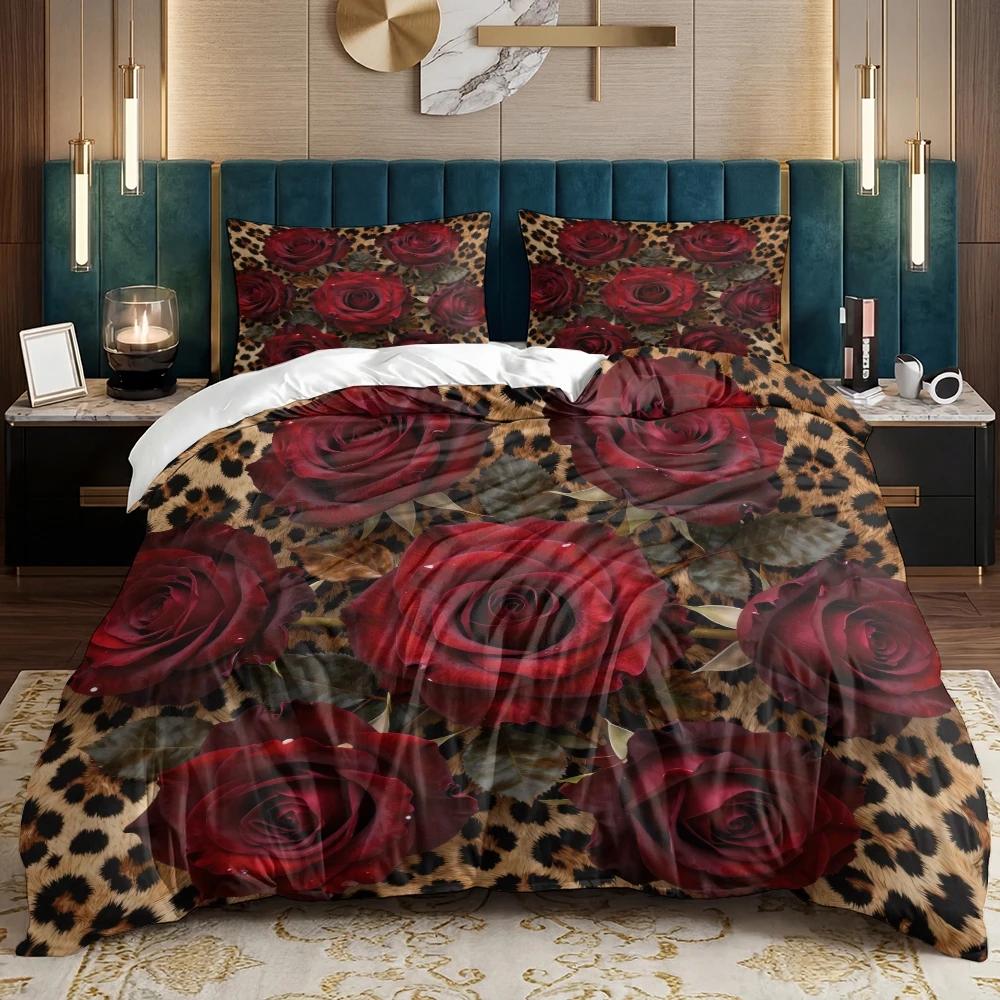 Zestaw 3-częściowy Czerwona Róża Wzór Lamparta Zestaw Kołdry na Walentynki, Zawierający 1 Poszewkę na Kołdrę i 2 Poszewki na Poduszki (z wyłączeniem wyściółki)
