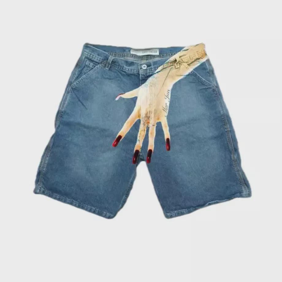 "Men's Y2K Hip-Hop Trend Pattern Denim Shorts - European and American High Street Fashion for Couples"