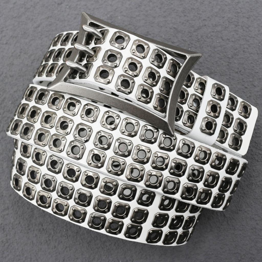 New Japanese American Motorcycle Belt Heavy Duty Punk Car Eye Hollow Rivet Men's Cowhide Belt Women's Three-pin Buckle