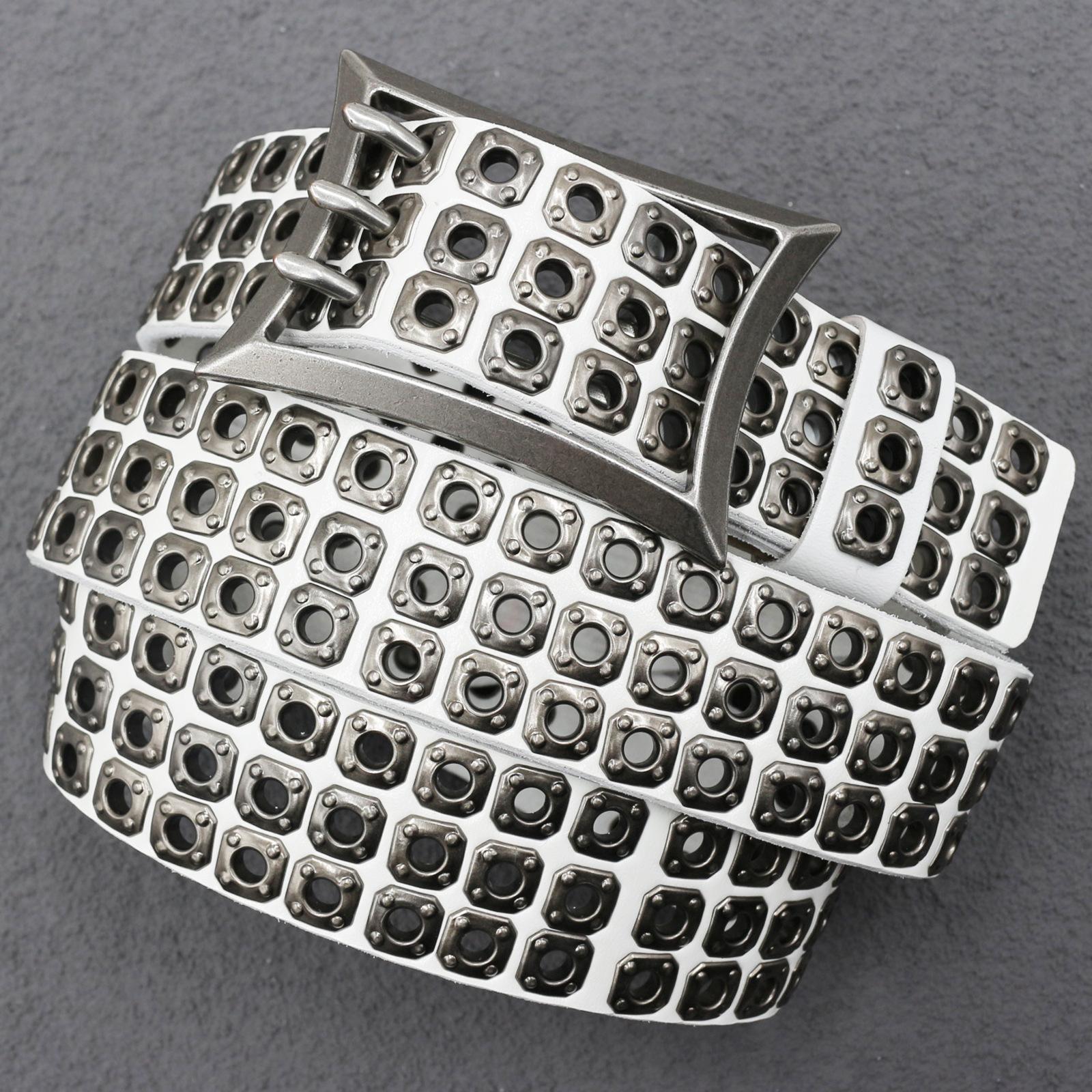 

New Japanese American Motorcycle Belt Heavy Duty Punk Car Eye Hollow Rivet Men s Cowhide Belt Women s Three-pin Buckle 105cm