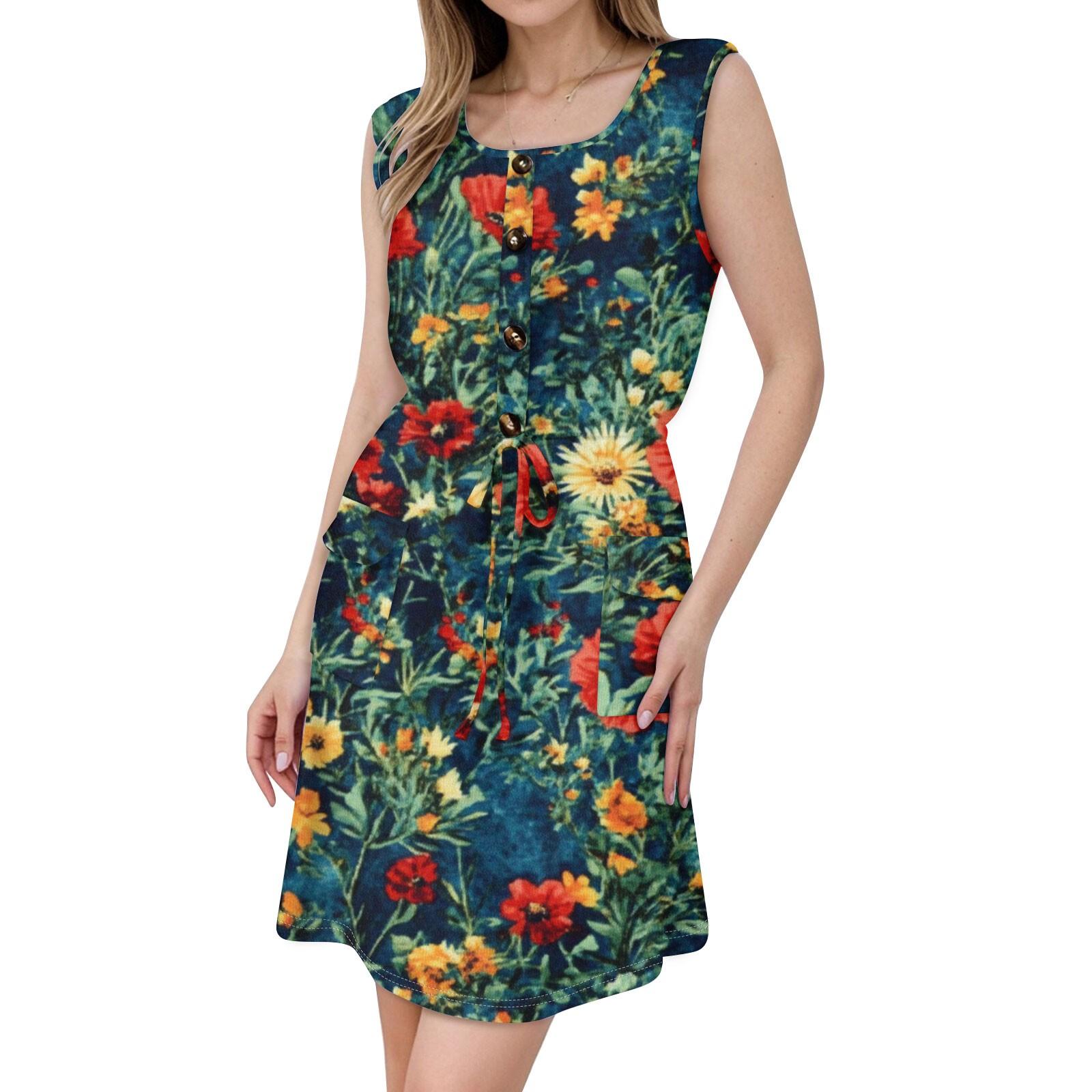 Women s Fashion Sleeveless Round Neck Printed Decorative Button Double Pocket Lace-up Dress XL