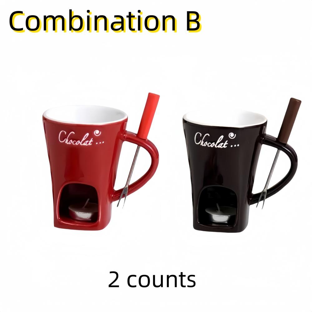 Hot Sale 2 Pcs Ceramic Chocolate Fondue Cups | Valentine's Day Ice Cream Cheese Melting Bowls | Reusable with Forks