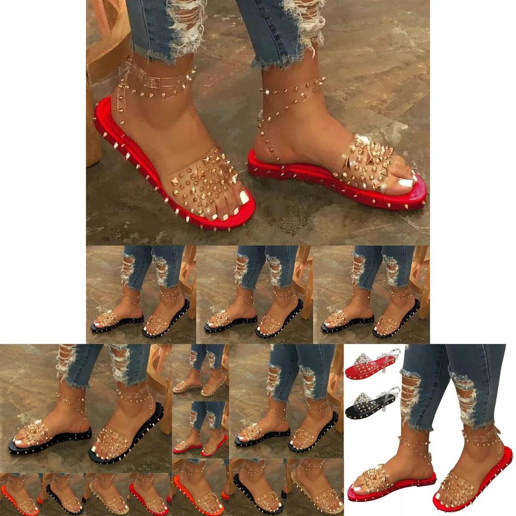 Women Summer Ankle Strap Sandals With Rivet Accents And Transparent Upper For Breathable Comfort