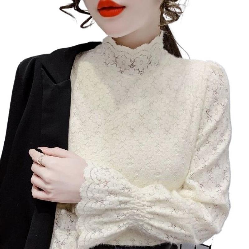 A Semi-high-necked Lace T-shirt As A Base Layer for Women In Autumn and Winter, Paired with A Small Shirt and Long-sleeved Top