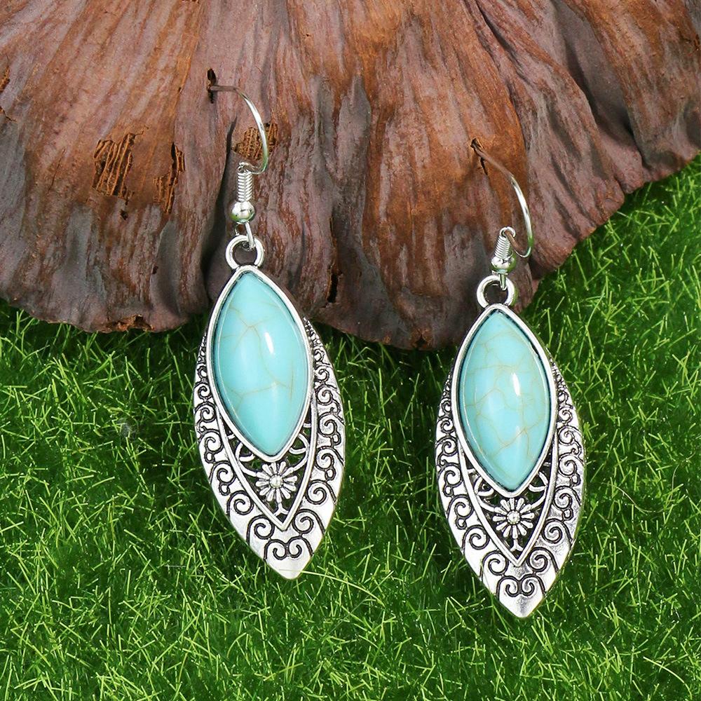 Ethnic Boho Turquoises Necklace Earring for Women Vintage copper Plated Carved Flower Dangle Earrings Indian Zircon Gift