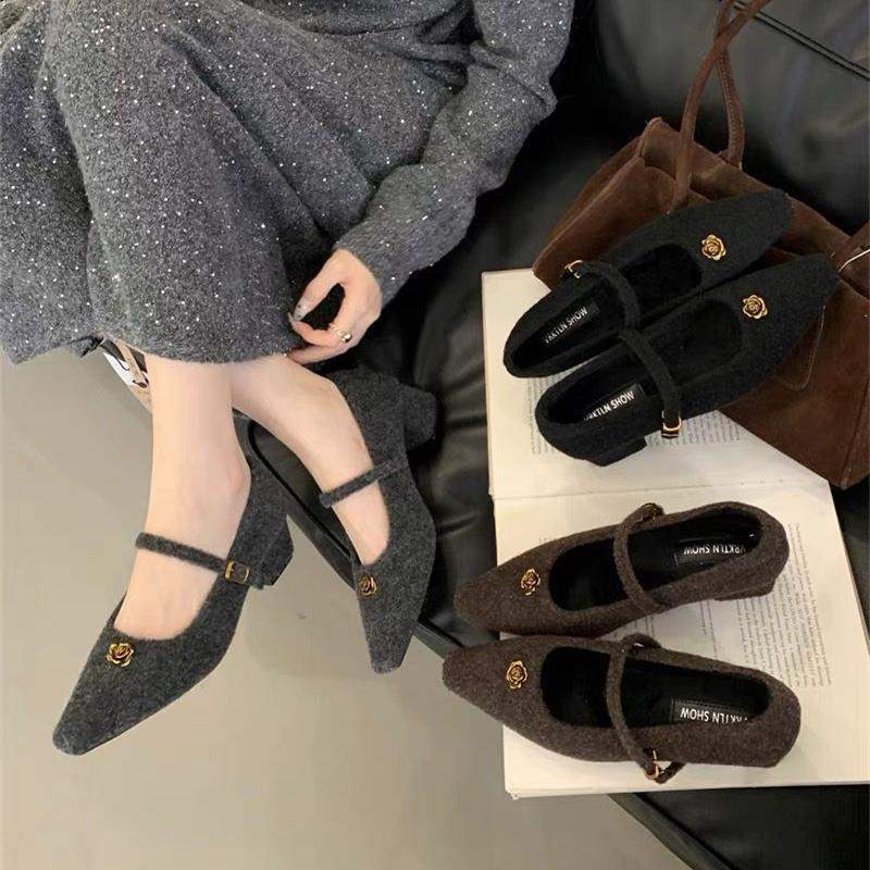 Square Head Thick Heel Fluffy Shoes Women Wear Autumn and Winter New Gentle Fairy Mary Jane Single Shoes French Evening High Heels