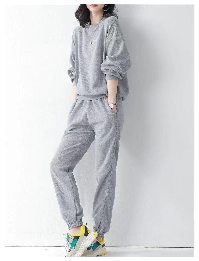 2025 Spring-Autumn Women's Casual Two-Piece Set: Round Neck Long Sleeve Top & Loose Pants, Plus Size