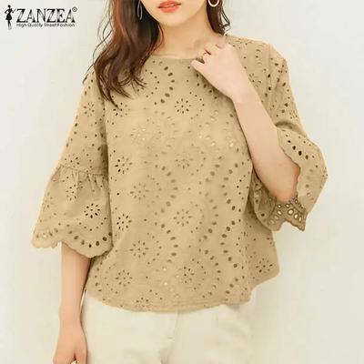 Women Casual O-neck Hollow Out Lace Patchwork 3/4 Sleeve Blouse