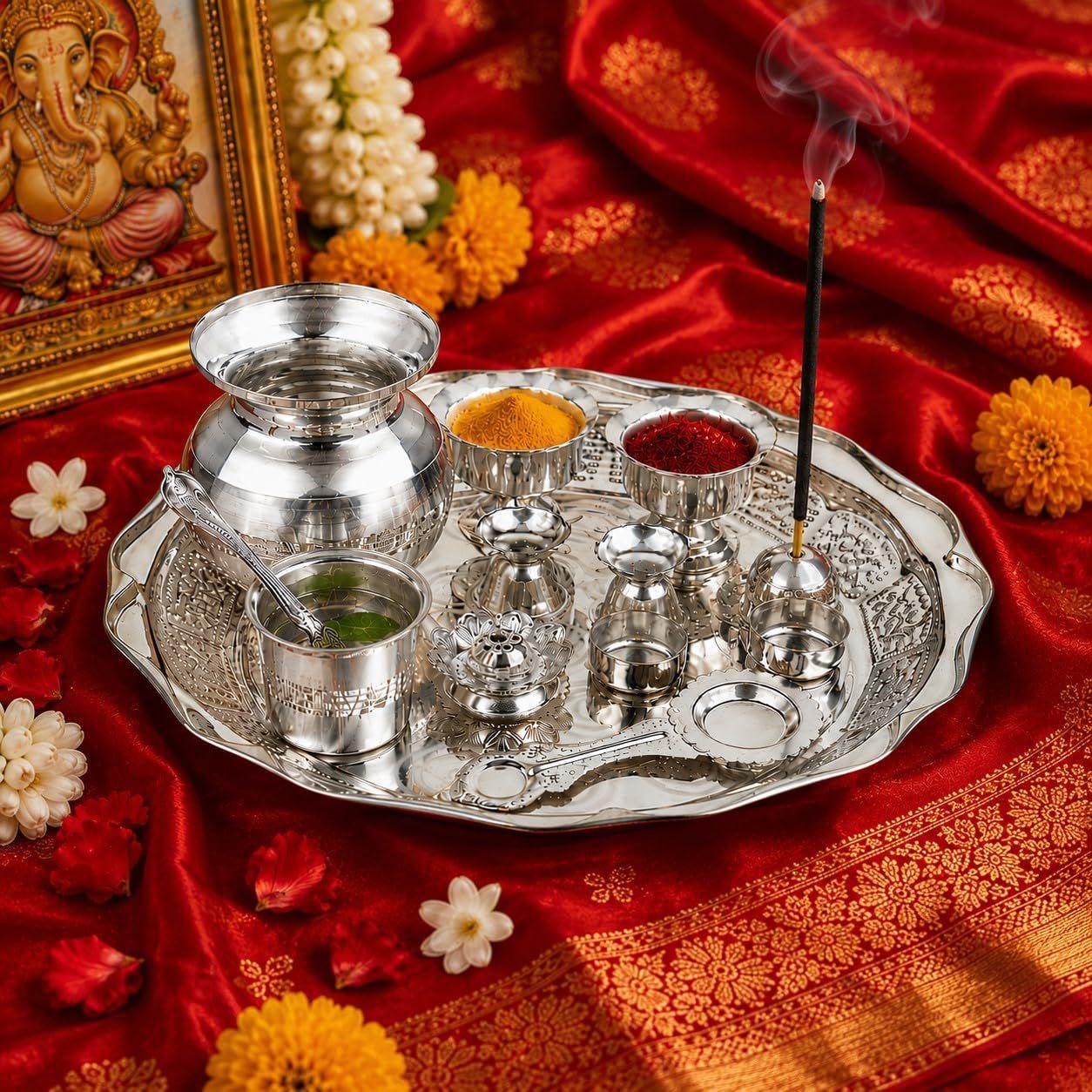 Pooja 13 Piece Set Silver Plated for Pooja and Gifting 33.02 CM