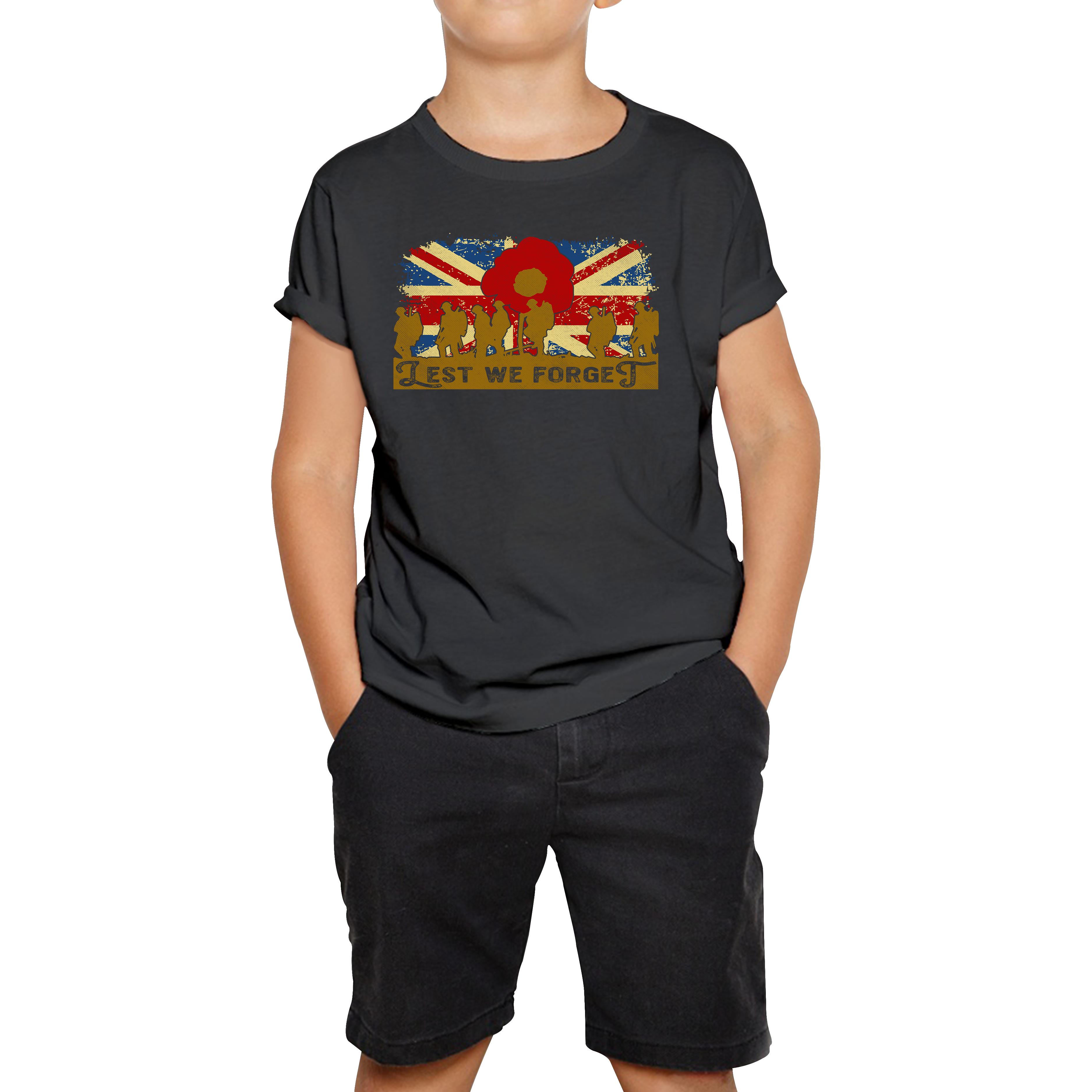 

Lest We Forget Poppy Flower Anzac Day British Armed Forces Kids T Shirt 100