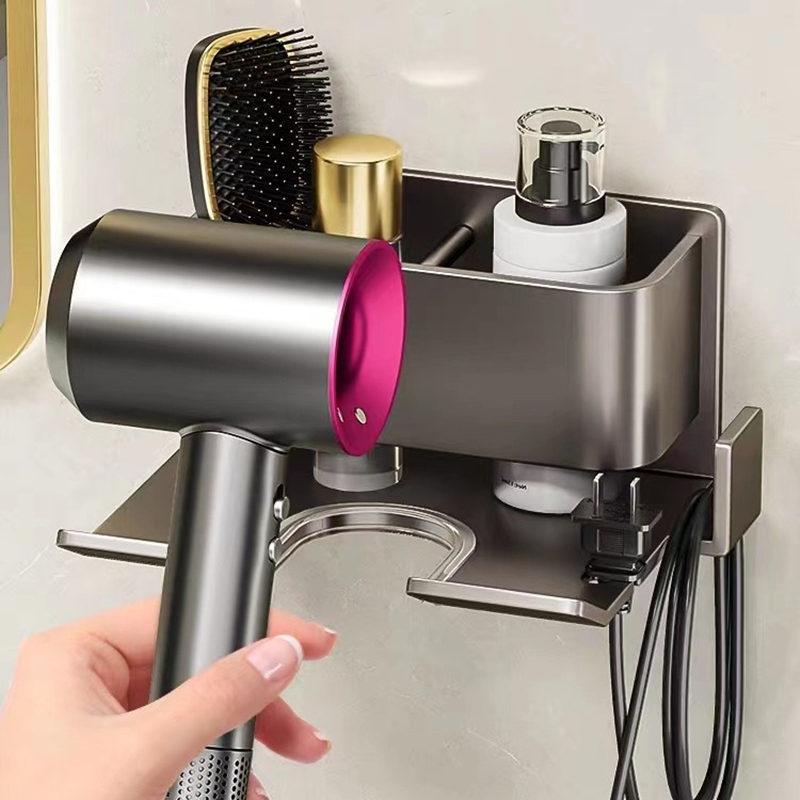 Minimalist No-Drill Hair Dryer Holder Universal Wall Mounted Storage Rack for Bathroom Organizer
