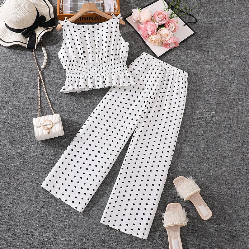 Children's Fashion Polka Dot Print Bow Halter Top Wide-leg Pants Set Autumn Girls' Sweet Set
