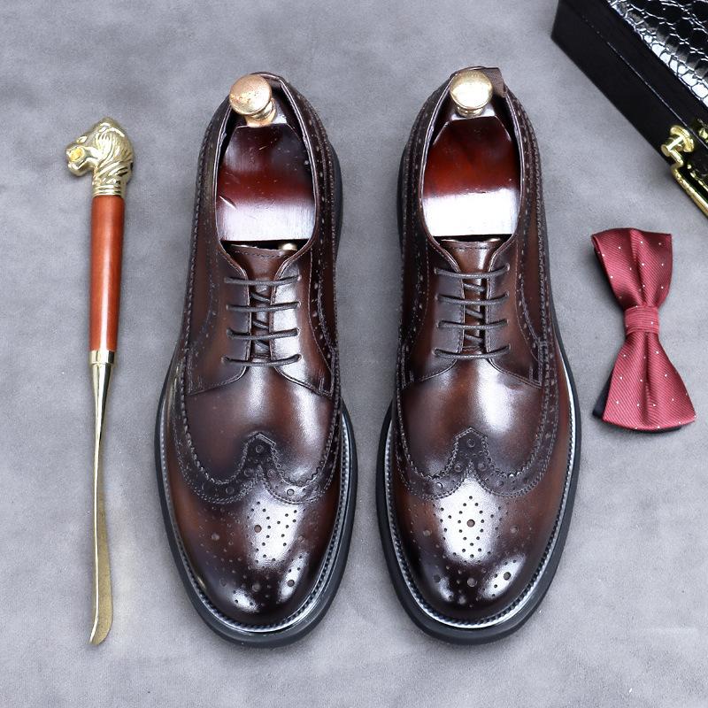 Fashion Handmade Leather Shoes Men Summer New Brogue Carved Business Dress Shoe Mens Black Casual Increase British Lace-Up Oxfrods