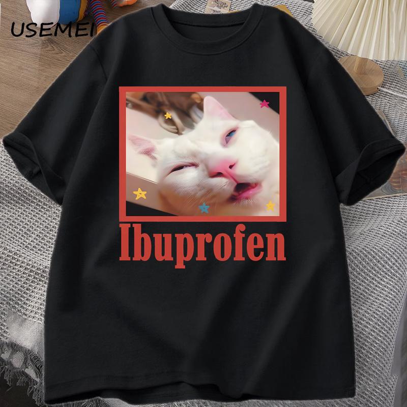Ibuprofen Cat Meme Tshirt Funny Cat Graphic Tee Cute Cat Lover Cotton T-Shirt Casual Funny T Shirts Unisex Oversized Tshirt T... S