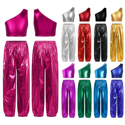 Dievčenský jednoramenný bez rukávov metalický crop top a lesklé nohavice set tanečná párty vystúpenie outfit