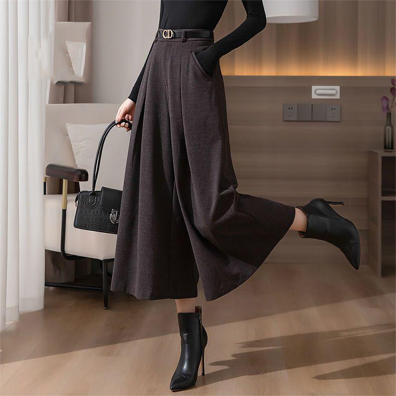 Petite High-Waist Wool Flannel Wide-Leg Pants with Flared Skirt Overlay - Autumn/Winter Fashion.