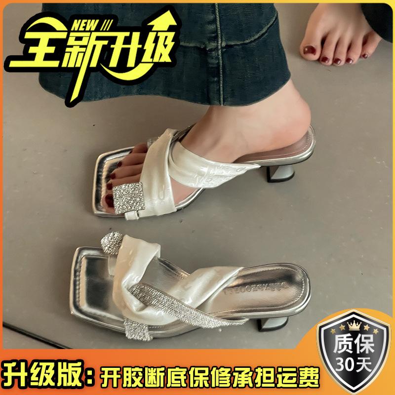 Cross-strap women's square head slippers outer wear summer new Internet celebrities popular temperament versatile open-toed high-heeled cool slippers