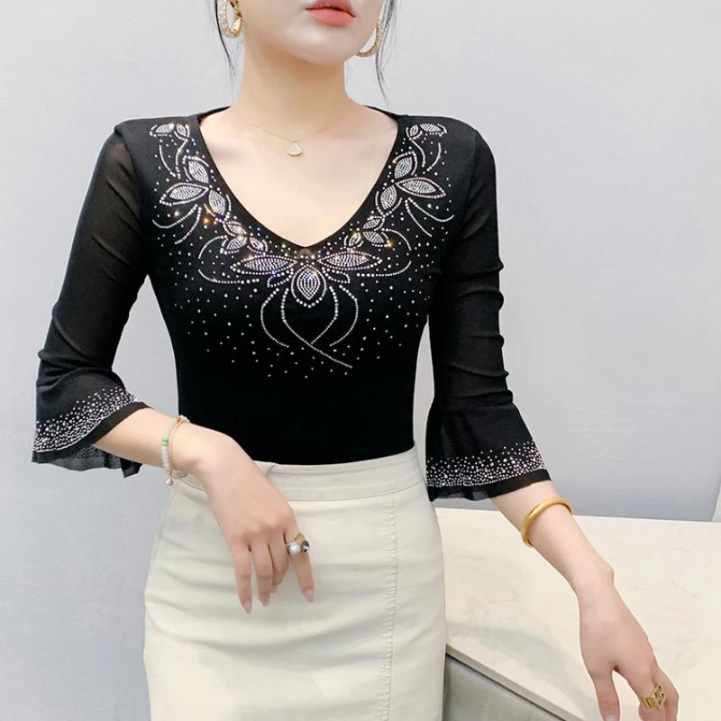 Summer Streetwear Women's Tops Shirt Elegant Slim V-Neck Hot Diamonds Mesh T-Shirt Flare Sleeve Slim Tees