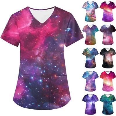 Women's Fashion Astral Printed Short Sleeve V-Neck Top Small Pocket Work T-Shirt