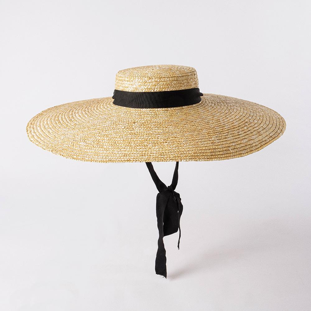 Summer new retro fashion big eaves straw tether flat top straw hat, beach travel sun protection flat top straw hat