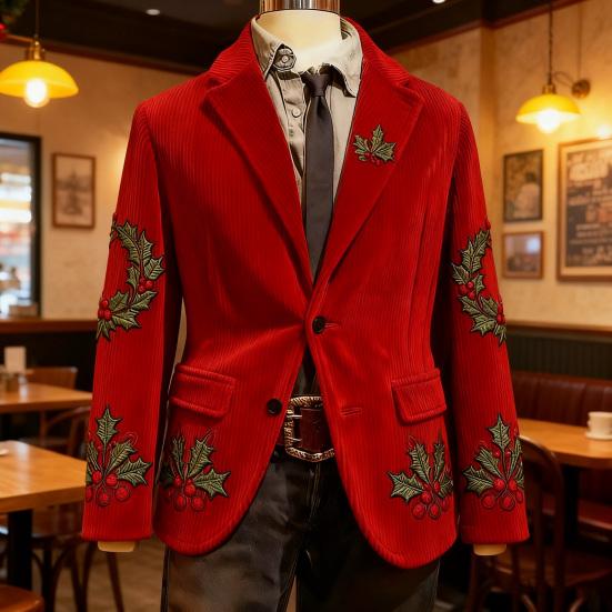 Pánské manšestrové sako Jednořadé sako Klopa Dlouhý rukáv 3D Vánoční tématický potisk Slim Fit Sako Formální jevištní oblečení