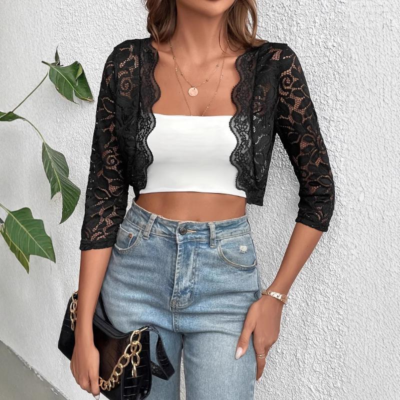 2025 Autumn New Cardigan Placket Spliced Fashionable Lace Short Jacket Top