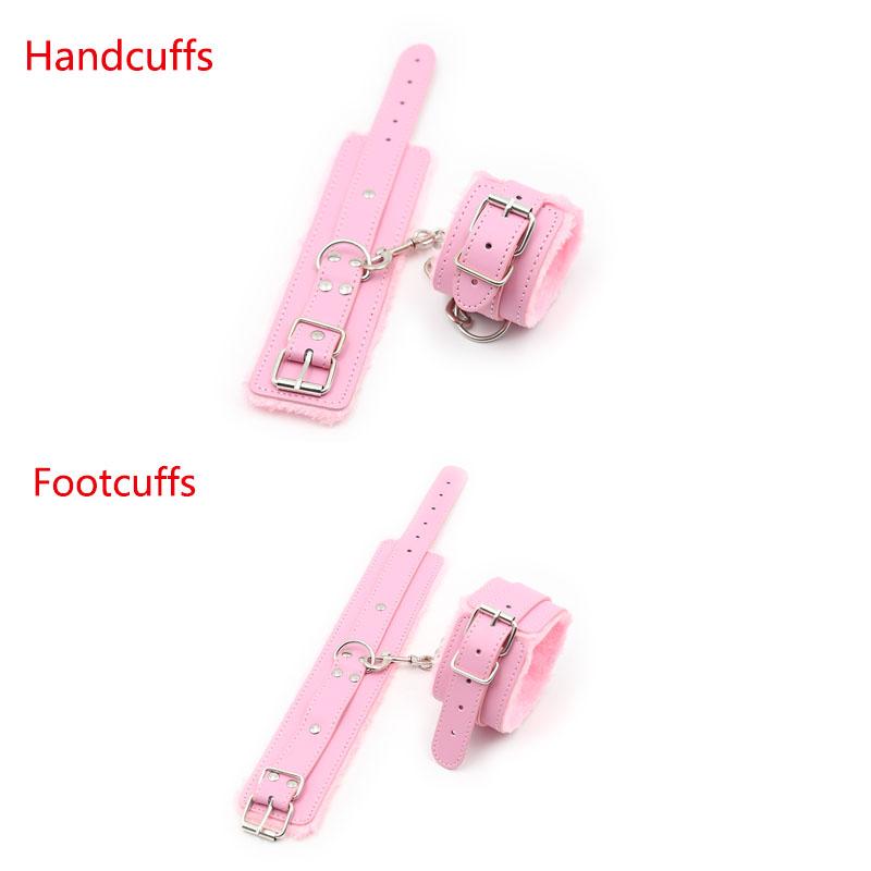 BDSM Bondage Adjustable PU Leather Plush Pink Handcuffs Footcuffs Ankle Cuffs Slave Restraints Sex Adult Flirting Toy for