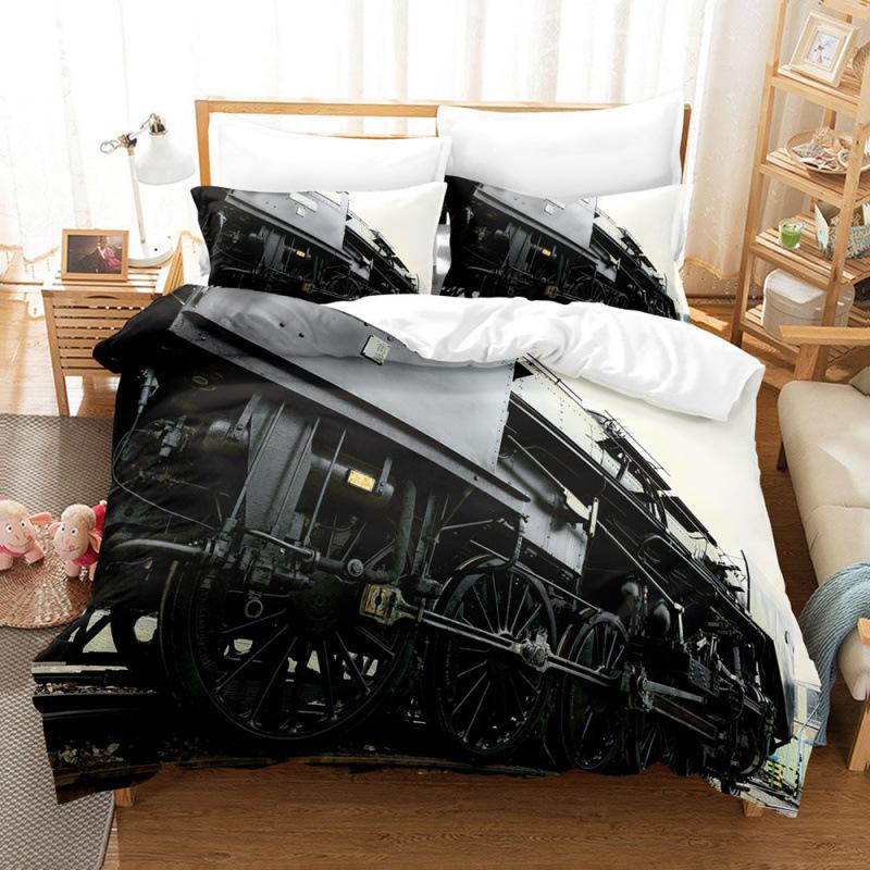 Steam Locomotive, Old-Fashioned, Shabby Train, Transportation, Digital Printing, Three-Piece Bed Sheet