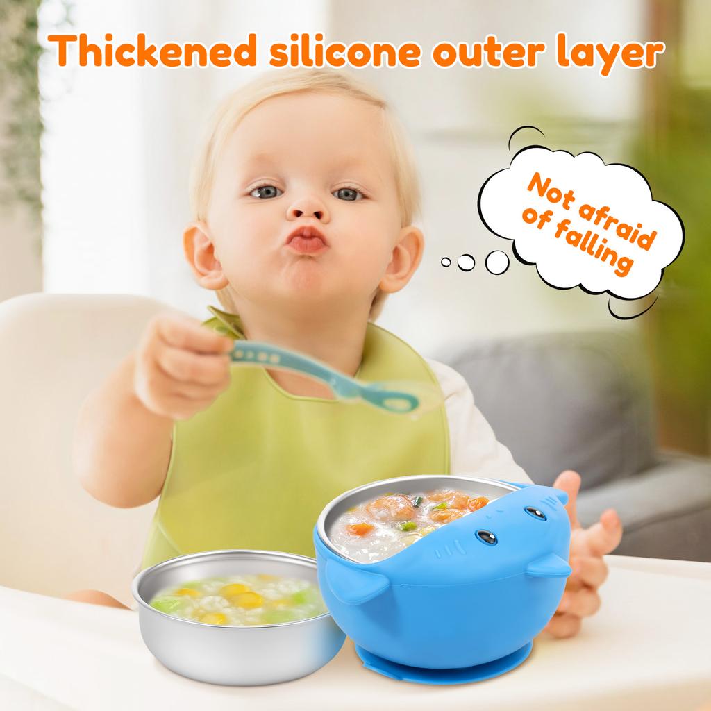 2 Pcs 304 Stainless Steel Baby Bowl with Suction and Silicone Sleeve Baby Bowls Cute Animal Design Toddler Bowl for Baby Feeding