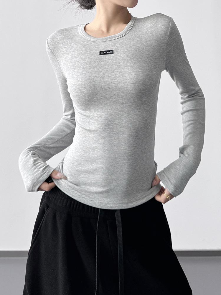 Women's Grey Round Neck Slim Fit Long T-Shirt - 2025 Autumn/Winter Collection