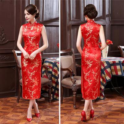 Women Summer Cheongsam Stand Collar Floral Print Hollow Out Split Hem Sleeveless Qipao Slim Fit Retro Chinese Style Mid-calf Length Dress