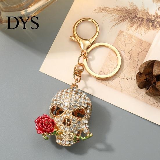 Gothic Style Keychain Holding Rose Rhinestone Skull for Halloween, Skeleton Pendant Head Key Ring, Chain Accessory Handbags Backpacks