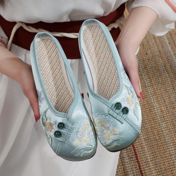Fashion Shoes Ladies' Slippers Cover Toe Shallow Flat Rubber Floral Fabric Slides Embroider Retro Round Shoes Woman 2025 Shallow Cover T