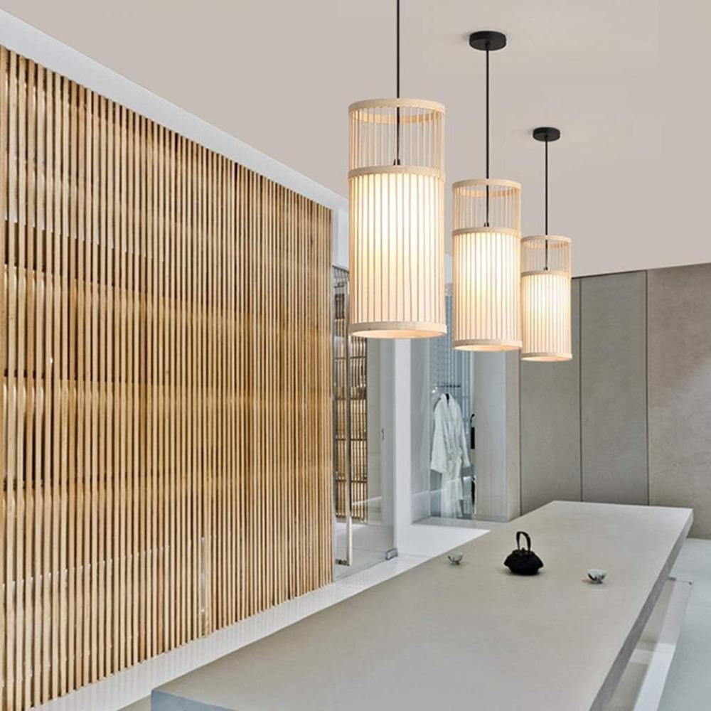 Japanese Style Hand Woven Bamboo Chandelier 18X42CM Bedroom Living Room Bamboo Art Ceiling Hanging Lamp E27 Indoor Pendant Light