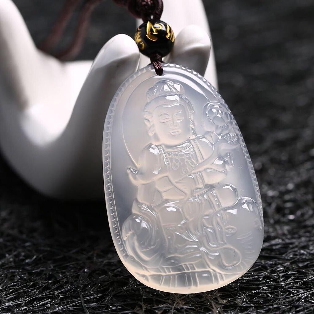 White agate eight guardian natural crystal Guanyin pendant, twelve zodiac white chalcedony Buddha pendant 202
