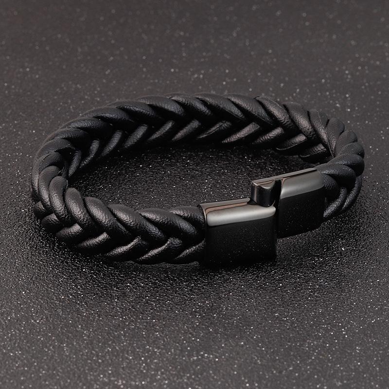 Titanium Steel Leather Bracelet, Woven Black Leather Bracelet, Men's Jewelry 2026