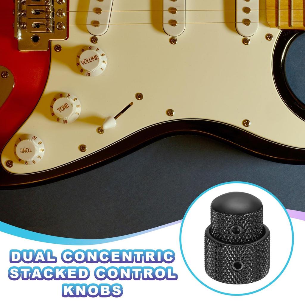 uxcell Dual Concentric Stack Control Knobs Universal Metal Volume Tone Audio Control Knobs with Wrench for Electric Guitar Black 2-Pack 1/4" Bass,
