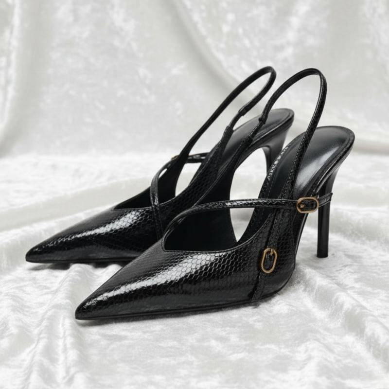 Women Black Pointed Toe High Heel Pumps Slingback Cross Strap Evening Party Shoes Comfortable Ankle Buckle Dress Shoes