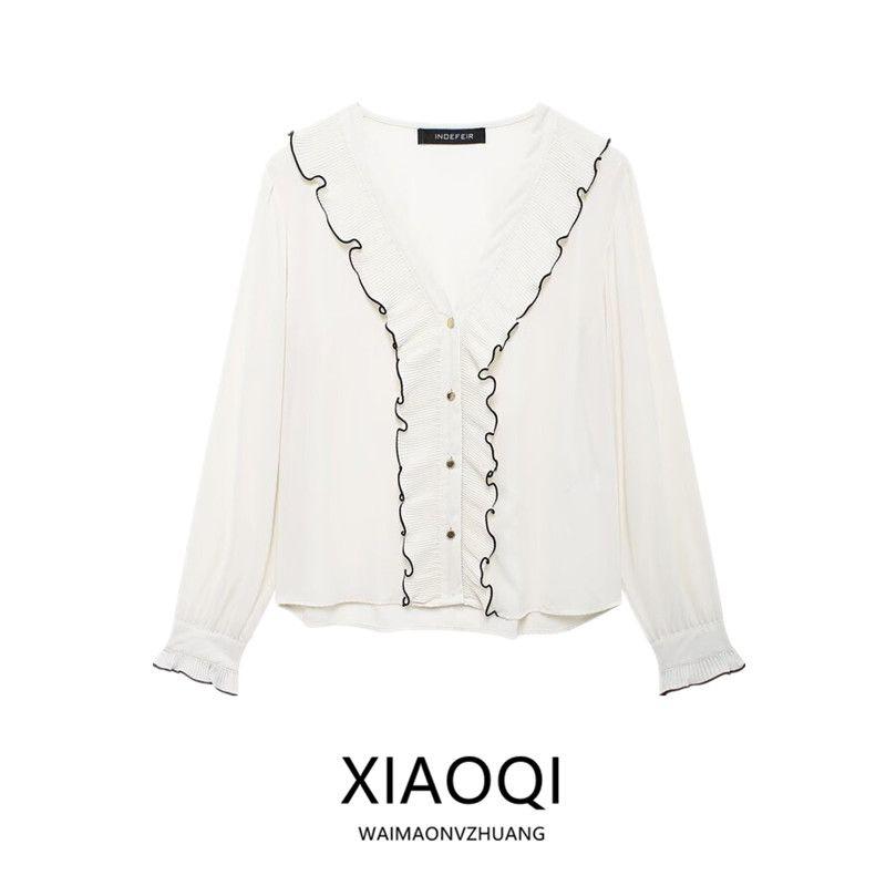 Fashion Style 2024 Fall and Winter New Women's Clothing Small Pleated Laminated Decoration Long Sleeves V-neck Shirt 8741249