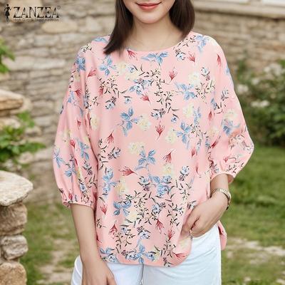 Women Casual Round Neck 3/4 Sleeve Loose Summer Print Blouse