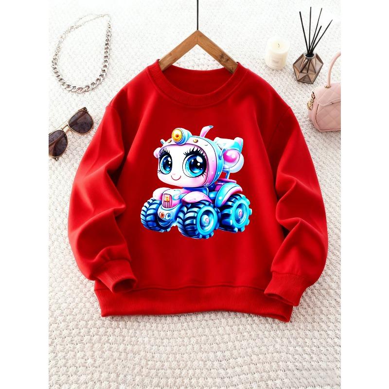 Girls Crew Neck Sweatshirt with Cute Cartoon Big-Eyed Robot Print, Comfortable Long-Sleeve Top, Christmas Outfit 110 красный