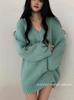 Retro V-neck Loose Knit Sweater for Women - Long Sleeve Mid-length