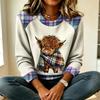 Highland Cow Plaid Scarf Print Waffle Crew Neck Top Women Raglan Sleeve Casual T Shirt Top
