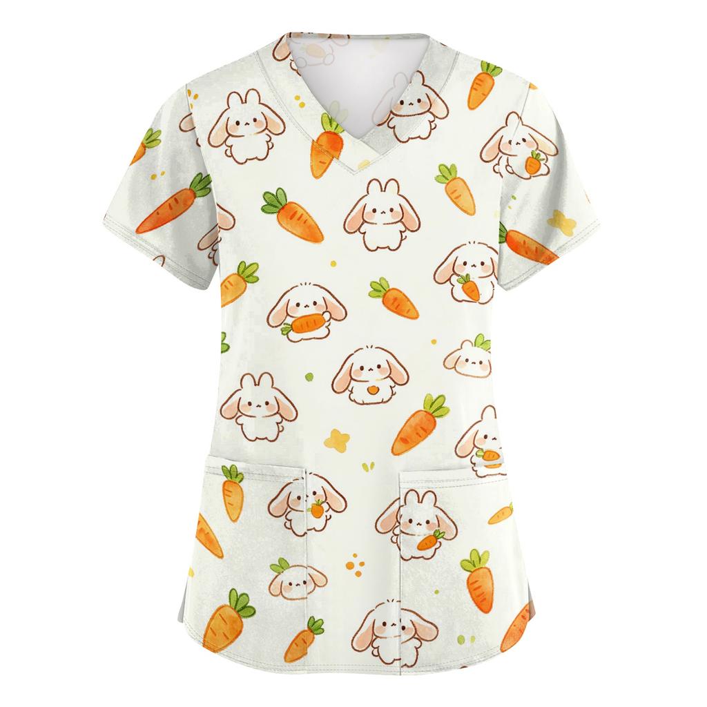 Damen V-Ausschnitt Kurzarm Arbeitshemd mit Taschen Tierprint Oberteil Medizinische Scrub Uniform für Gesundheitsberufe Bequeme Passform