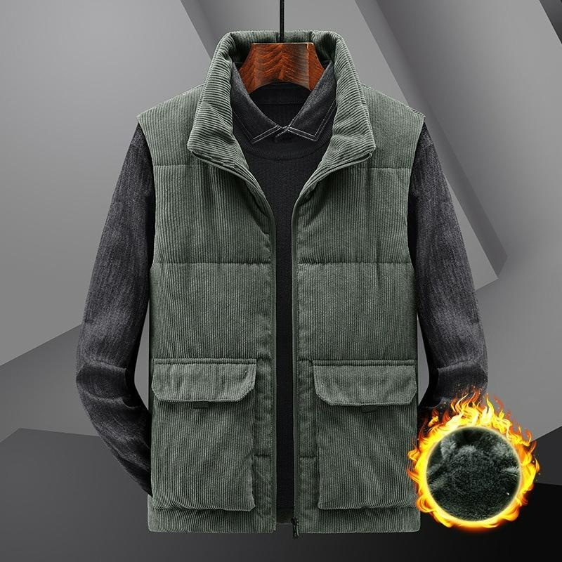 Winter Men's Corduroy Vest Plus Velvet Thickened Vest Men's Plus Size Stand-up Collar Waistcoat Multi-pocket Tooling Trend