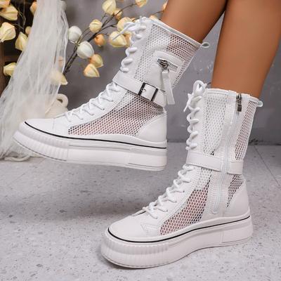 Zapatos Cortos de Plataforma Transpirables de Malla para Mujer de Verano, con Cremallera Lateral, Cordones Delanteros, Antideslizantes y Resistentes al Desgaste