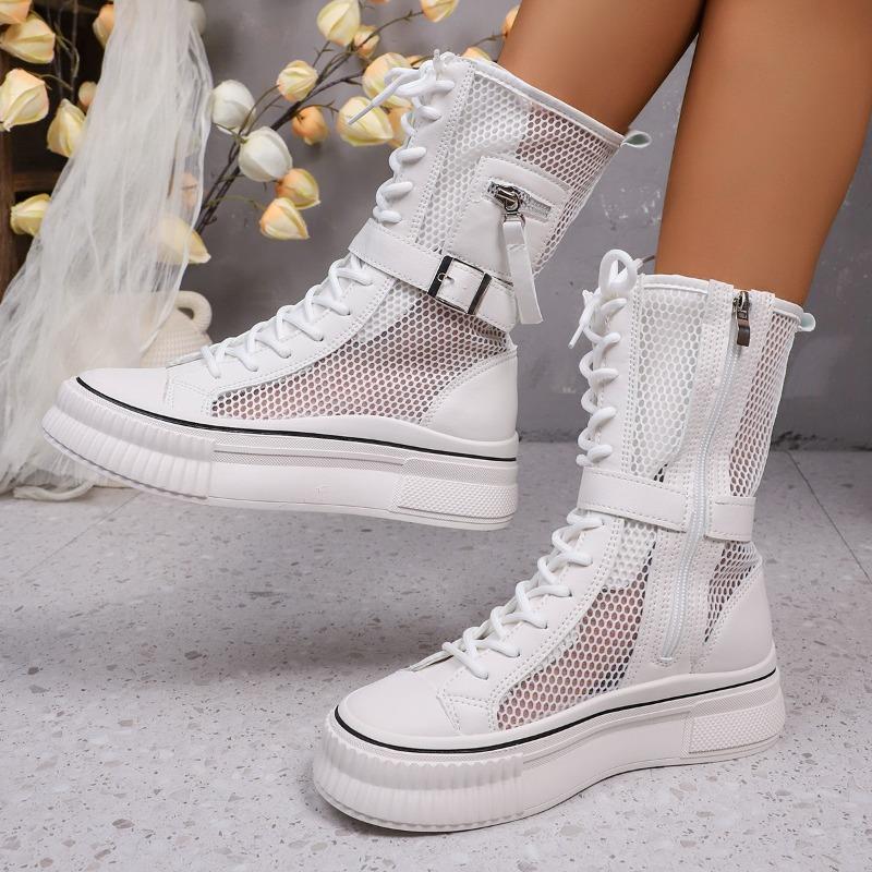 Summer Women's Mesh Breathable Side Zipper Lace-Up Front Platform Anti-Slip Wear-Resistant Short Shoe