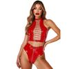 Women Hollow Out Front Tie Up Crop Top with Zipper Crotch High Waist Panties Glossy PU Leather Clubwear for Pole Dancing Rave Party